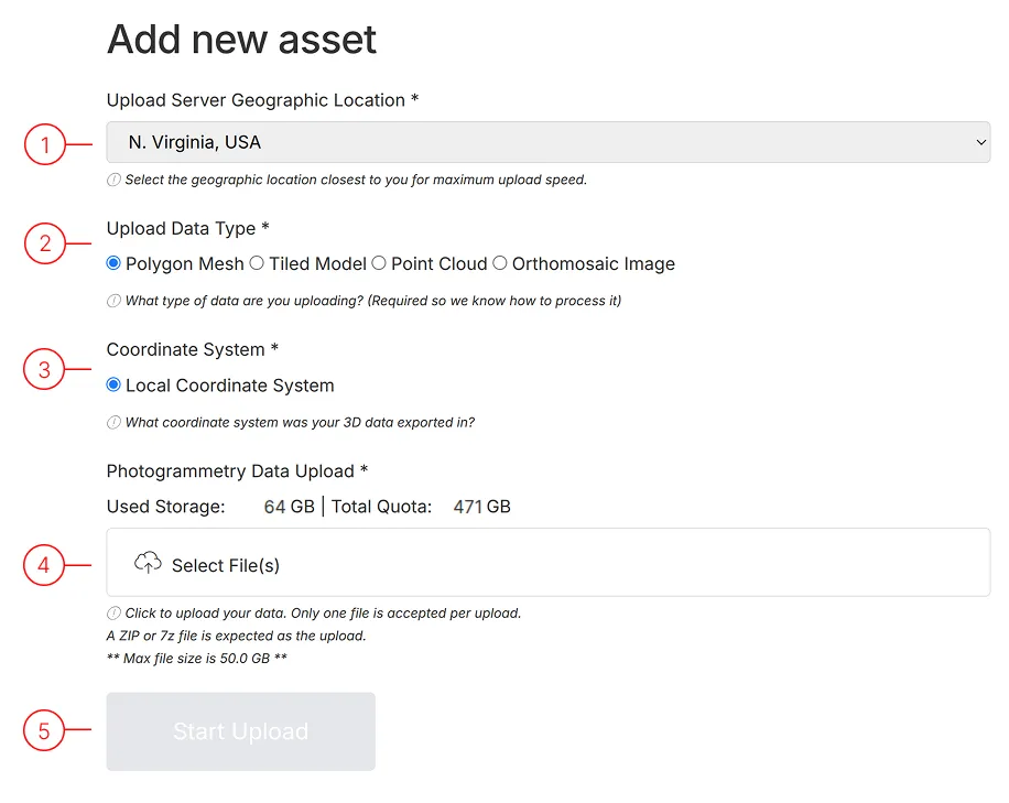 Upload page with numbered configuration steps
